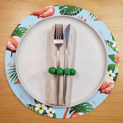 Set of 4 Round Placemats Covers Green Flamingo and Monstera Leaf 14 Dia inch