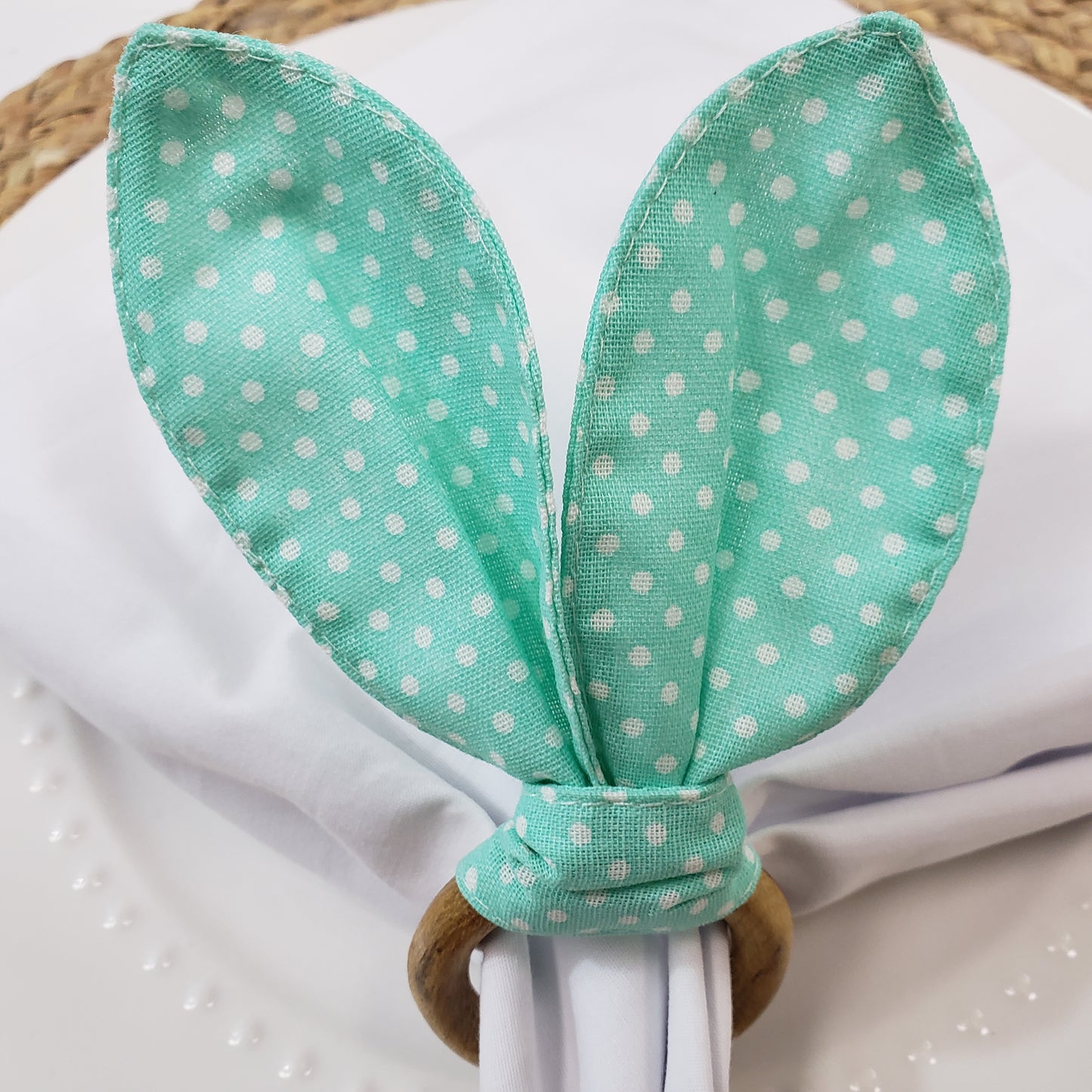 Maison Charlo | Easter Set of 4 Polka Dot Green Bunny Ears Napkin Rings | Dining Table Decor