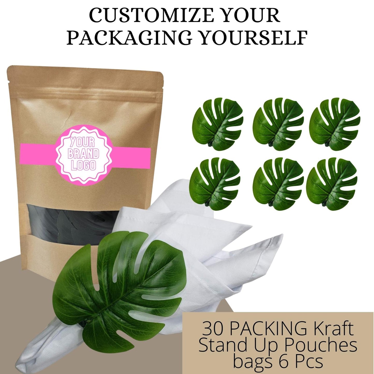 Wholesale Box of 30 PACK Green Monstera Leaf Napkin Rings with 6 Pcs (Kraft Stand Up Pouches) for store, bakery, market, winery