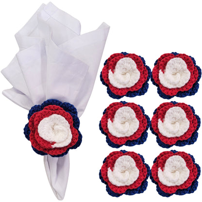 Charlo's Set of 6 USA Patriot Crochet Rosebud Napkin Rings for Independence Day, 4th of July, Memorial Day