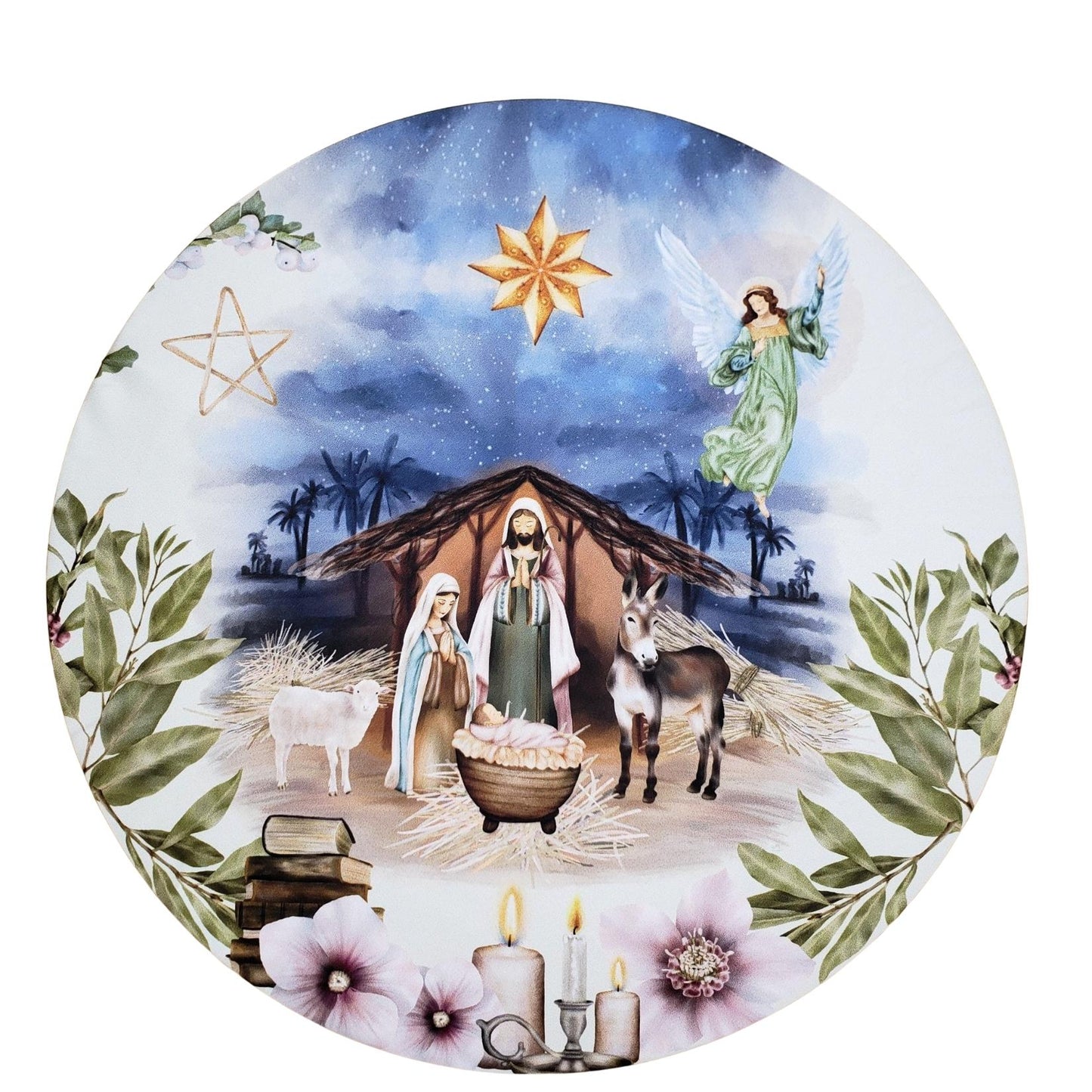 Set of 4 Round Placemats Covers Christmas Night Cloth 14" - White