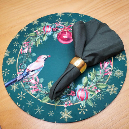 Maison Charlô | Set of 4 Round Placemats Covers Christmas Bird Cloth 14" Dia -Green