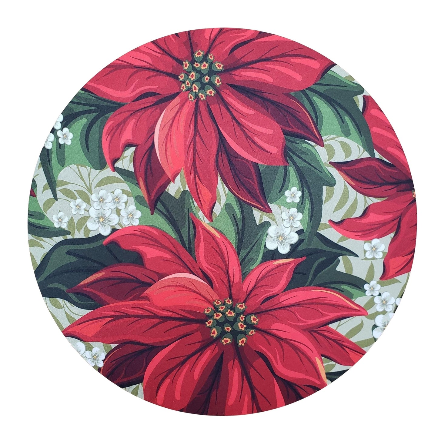 Set of 4 Round Placemats Covers Christmas Big Red Flower Cloth 14" Dia - Green