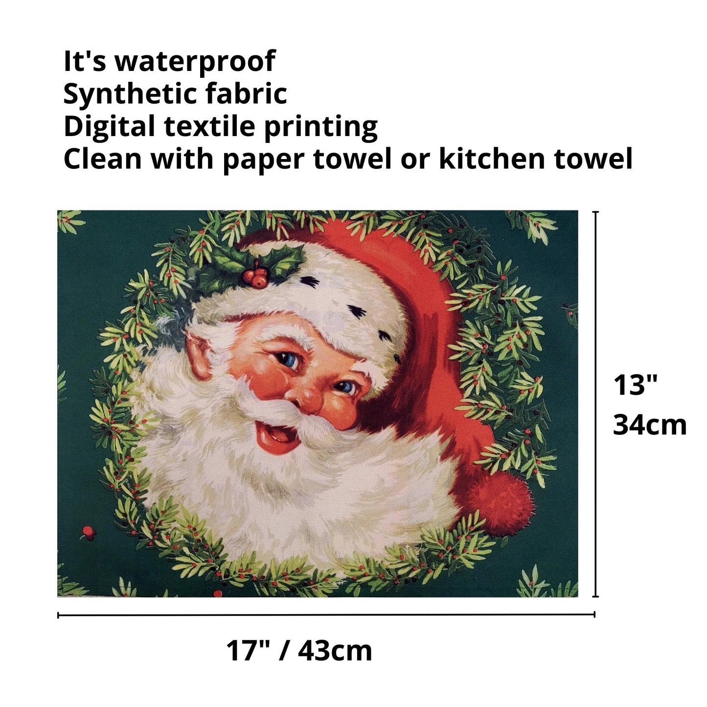 Set of 4 Placemats Christmas Santa Claus Cloth Waterproof 17" by 13" -  Green