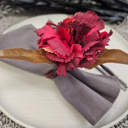 Maison Charlô | Set of 4 Red Marsala Carnation Flower Napkin Rings for events, wedding, party, birthday