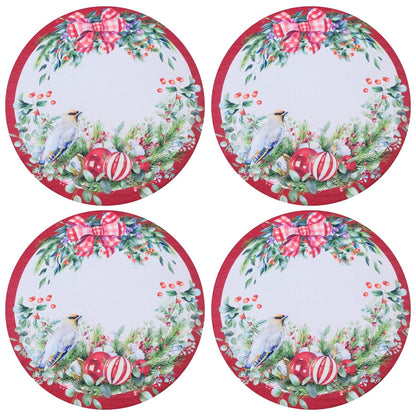 Maison Charlo Set of 4 Round Placemats Covers Christmas Bird Cloth 14" Dia - Marsala