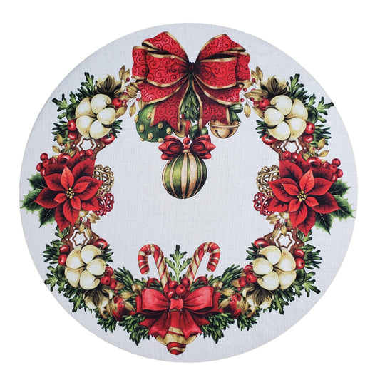 Set of 4 Round Placemats Covers Christmas Wreath Cloth 14" Dia  | Beige