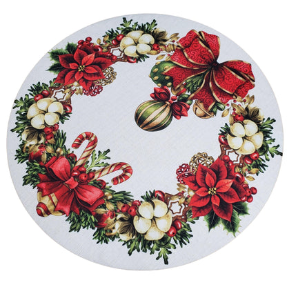 Set of 4 Round Placemats Covers Christmas Wreath Cloth 14" Dia  | Beige