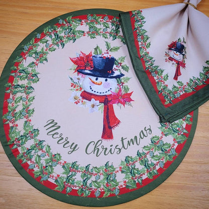 Set of 4 Round Placemats Covers Christmas Snowman Cloth 14" Dia  | Beige