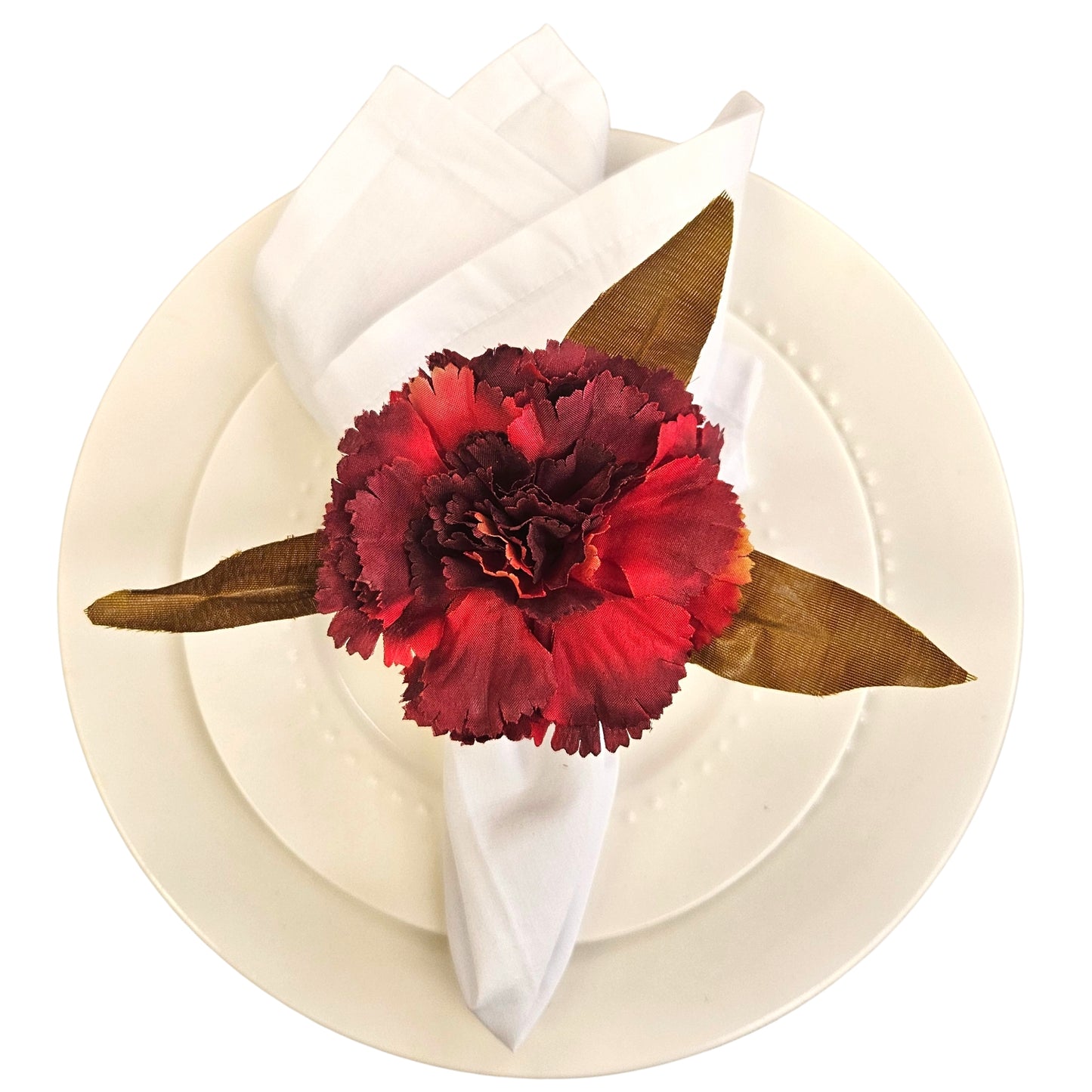 Maison Charlô | Set of 4 Red Marsala Carnation Flower Napkin Rings for events, wedding, party, birthday