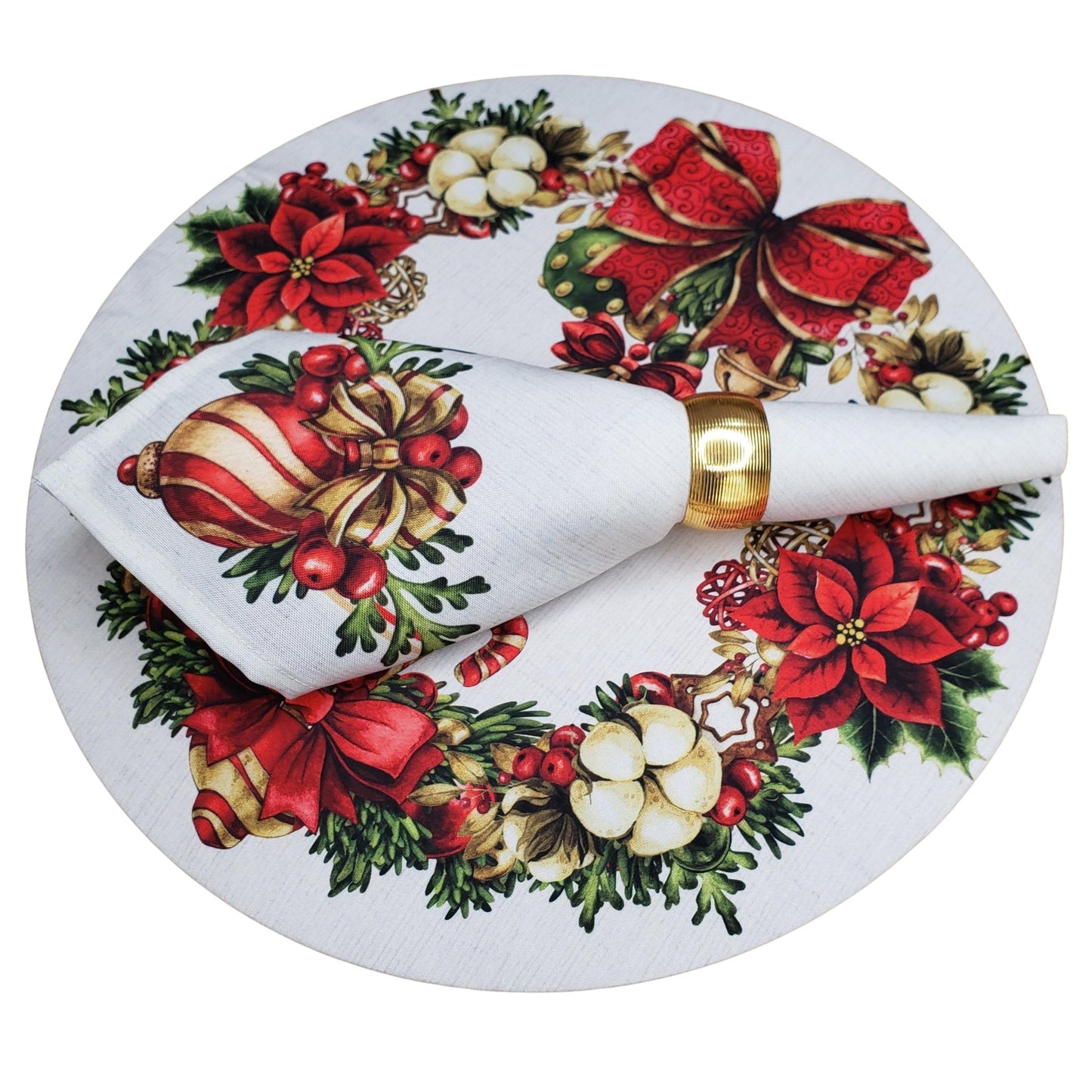 Set of 4 Round Placemats Covers Christmas Wreath Cloth 14" Dia  | Beige