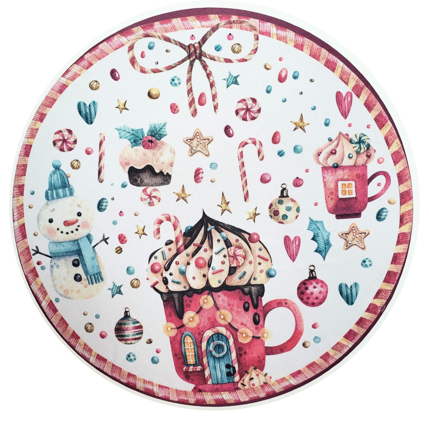 Set of 4 Round Placemats Covers Christmas Candy Cloth 14" Dia Cloth 14" Synthetic - White