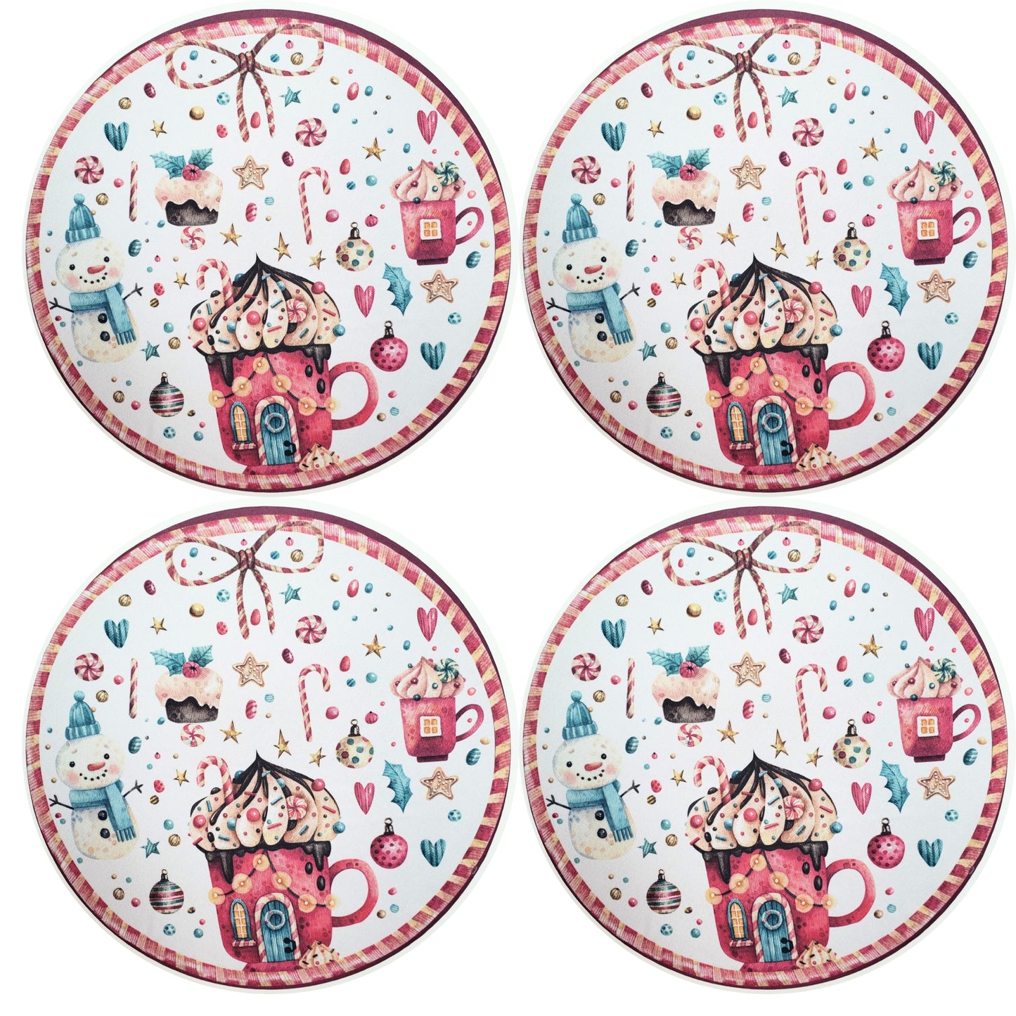 Set of 4 Round Placemats Covers Christmas Candy Cloth 14" Dia Cloth 14" Synthetic - White