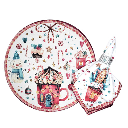 Set of 4 Round Placemats Covers Christmas Candy Cloth 14" Dia Cloth 14" Synthetic - White