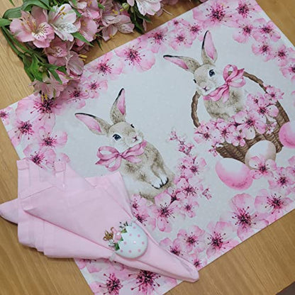 Set of 4 Bunny Basket Pink Waterproof Rectangular Placemats Easter 17" x 13"