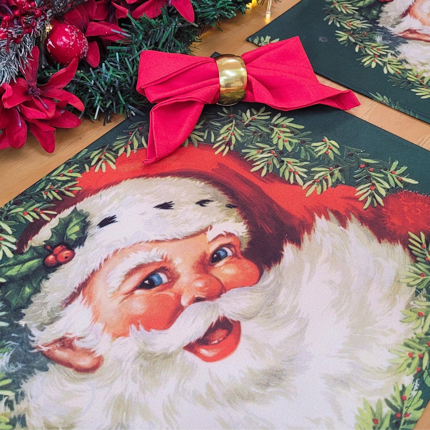 Set of 4 Placemats Christmas Santa Claus Cloth Waterproof 17" by 13" -  Green