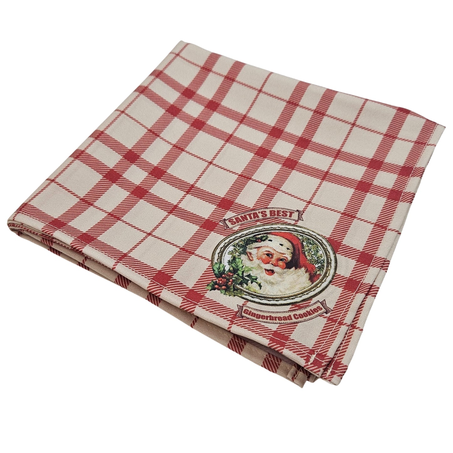 Charlo's Christmas Cloth Napkins Set of 4 Plaid Santa Claus Beige Red 16" by 16"