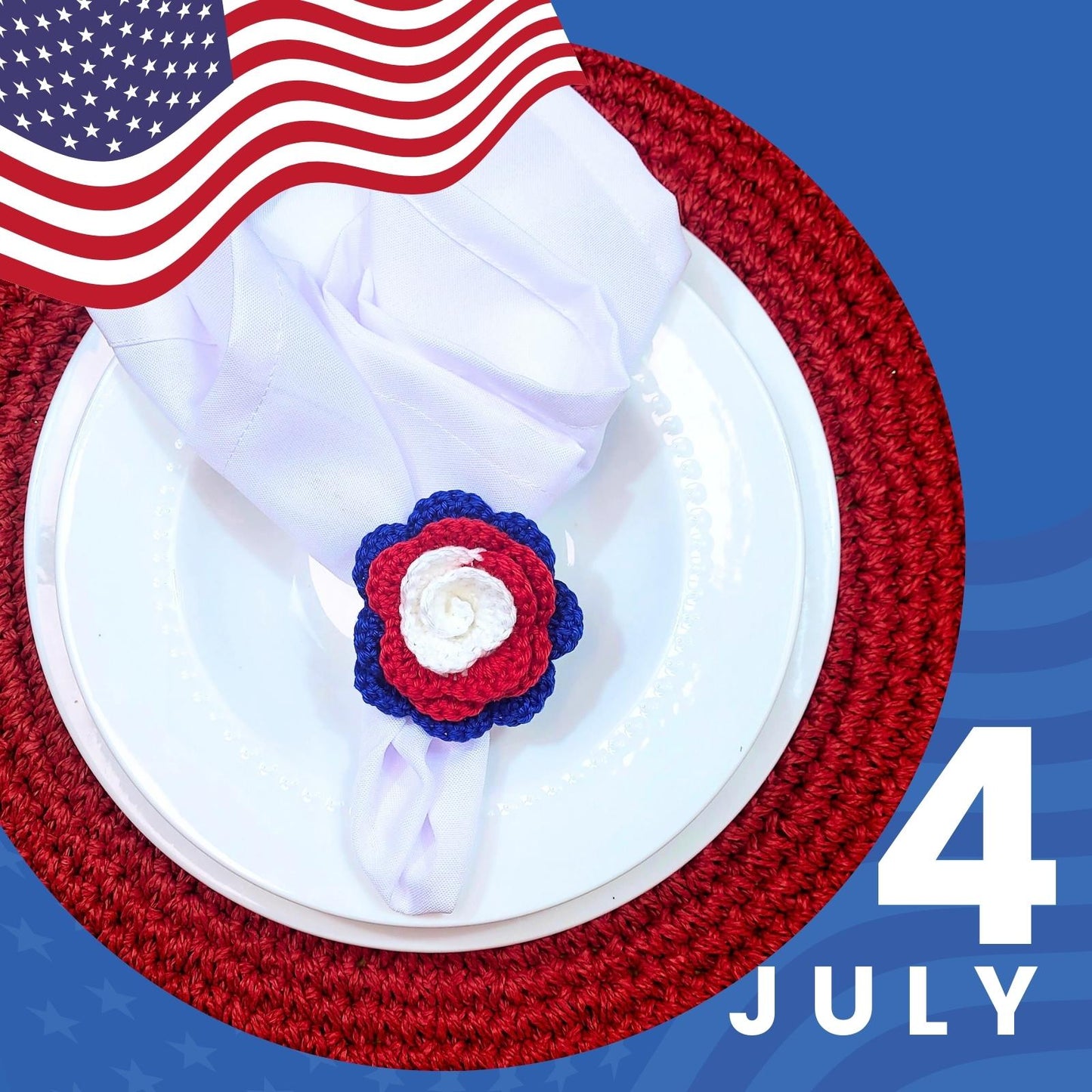 Charlo's Set of 6 USA Patriot Crochet Rosebud Napkin Rings for Independence Day, 4th of July, Memorial Day