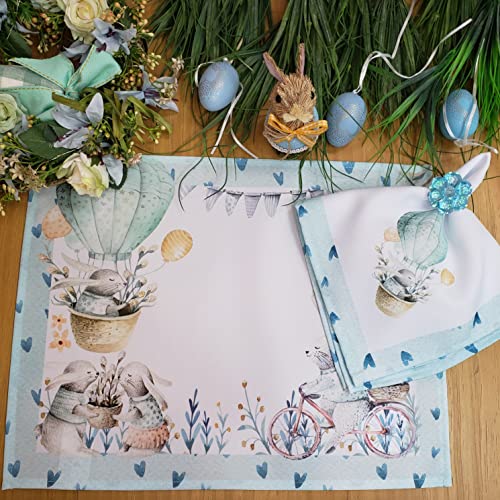 Set of 4 Bunny Blue Waterproof Rectangular Placemats Easter 17" x 13"