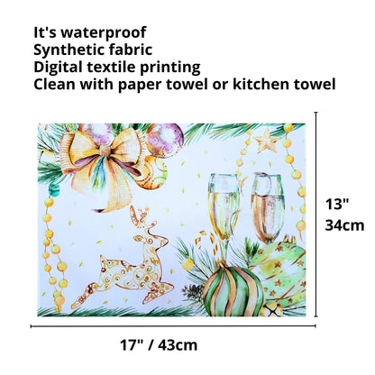 Set of 4 Placemats Christmas Toast Cup Cloth Waterproof 17" by 13" - Gold