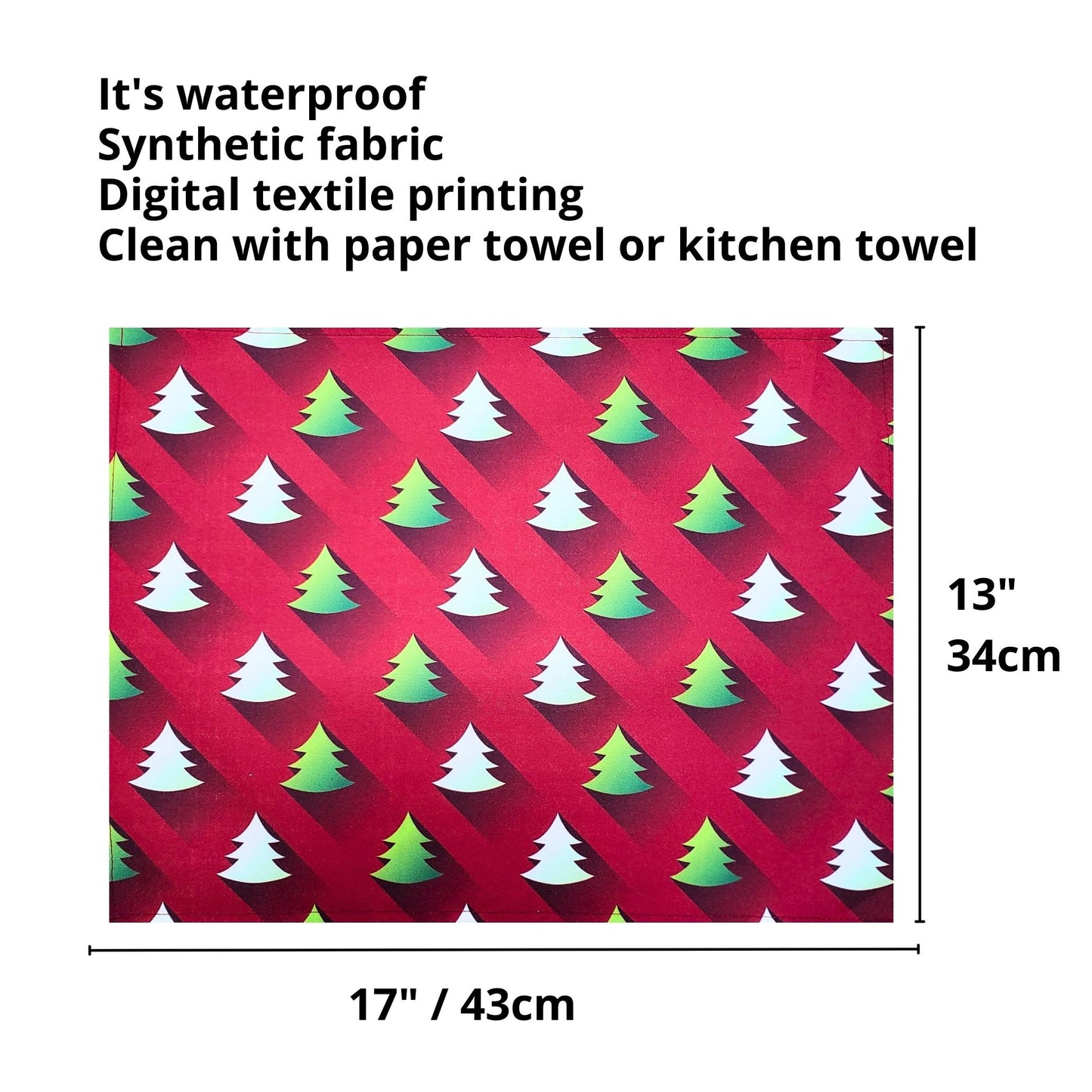 Set of 4 Placemats Green Degrade Christmas Tree Cloth Waterproof 17" by 13" - Red