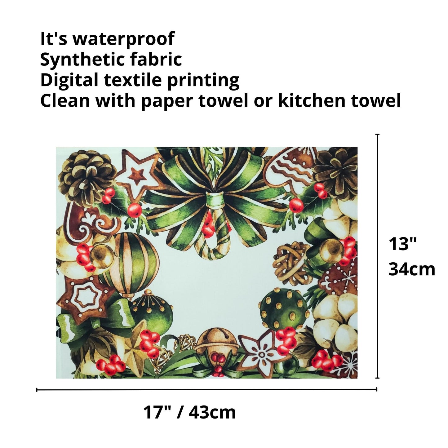 Set of 4 Placemats Beige Christmas Bow Wreath Cloth Waterproof 17" by 13"