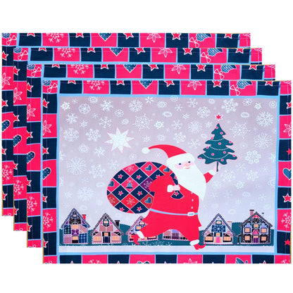 Set of 4 Placemats Beige Santa Claus with Gift Bag Cloth Waterproof 17" by 13"