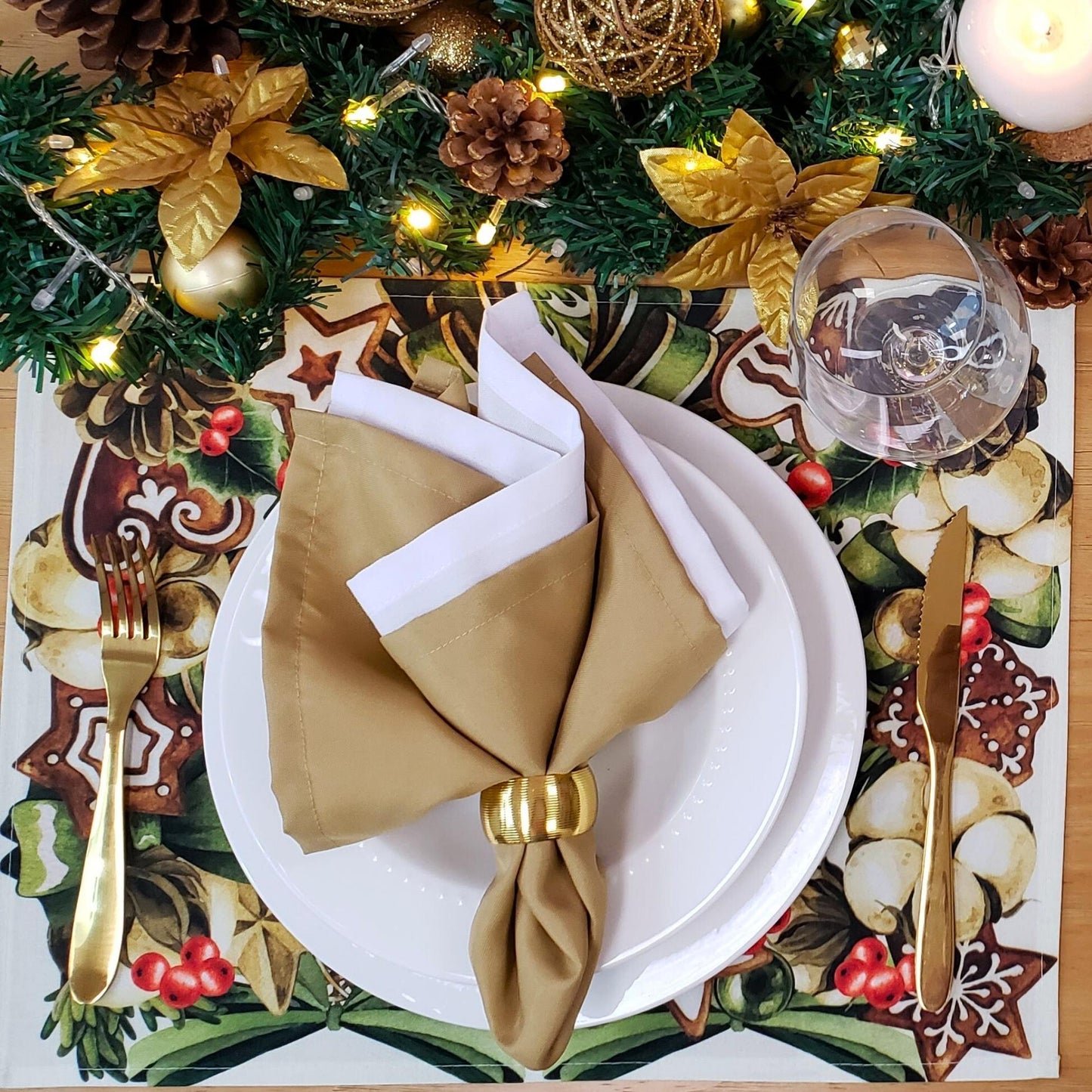 Set of 4 Placemats Beige Christmas Bow Wreath Cloth Waterproof 17" by 13"