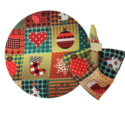 Set of 4 Round Placemats Covers Christmas Patchwork Cloth 14" Dia | Red