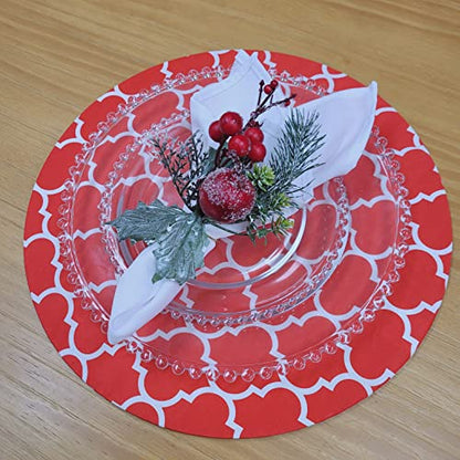 Set of 4 Round Placemats Covers 14 Dia inch Red Arabesque