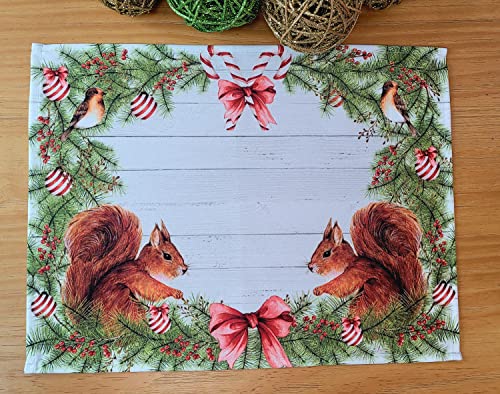 Set of 4 Placemats Christmas Squirrel Cloth Waterproof 17" by 13" Grey