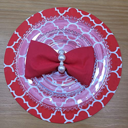 Set of 4 Round Placemats Covers 14 Dia inch Red Arabesque