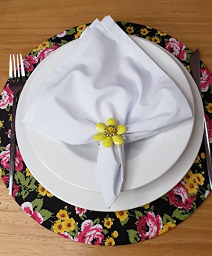 Set of 4 Round Placemats Covers 14 Dia inch Litle Black Flower Charlo