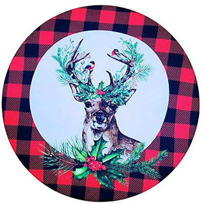 Set of 4 Round Placemats Covers Plaid Christmas Reindeer Cloth 14" Dia Synthetic | Red