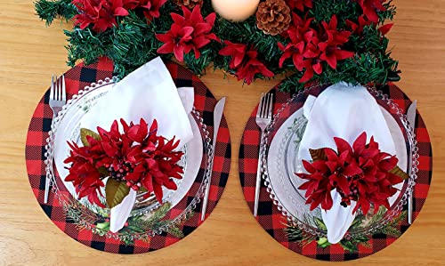 Set of 4 Round Placemats Covers Plaid Christmas Reindeer Cloth 14" Dia Synthetic | Red