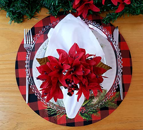 Set of 4 Round Placemats Covers Plaid Christmas Reindeer Cloth 14" Dia Synthetic | Red