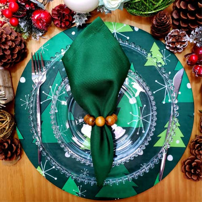 Set of 4 Round Placemats Covers Green Christmas Tree Cloth 14" Dia  | Green