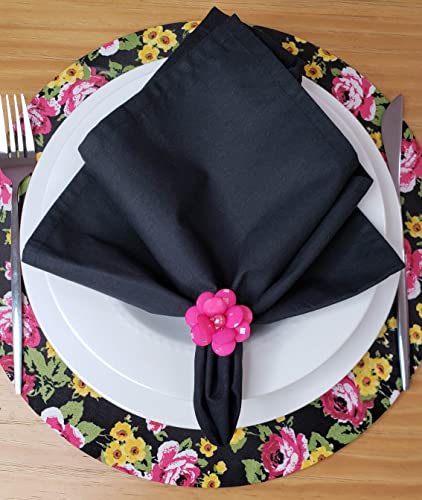 Set of 4 Round Placemats Covers 14 Dia inch Litle Black Flower Charlo