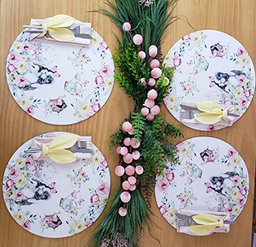 Set of 4 Happy Easter Garden Rose Covers for Round Placemats 14" Dia Polyester for Kitchen Table Washable Dining Table