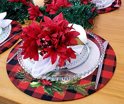 Set of 4 Round Placemats Covers Plaid Christmas Reindeer Cloth 14" Dia Synthetic | Red