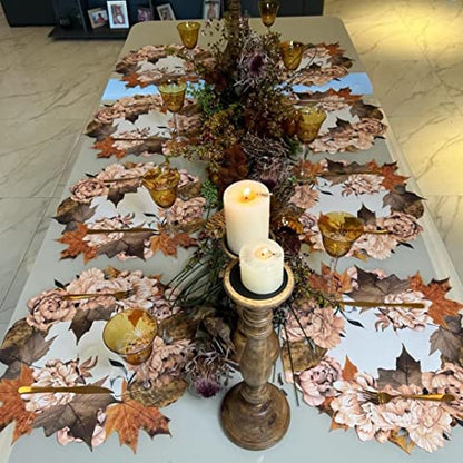 Set of 4 Waterproof Premium Placemats Thanksgiving Maple Flower Wreath