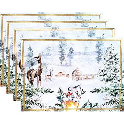 Set of 4 Placemats Christmas Reindeer Herding Cloth Waterproof 17" by 13" - Gold