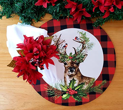 Set of 4 Round Placemats Covers Plaid Christmas Reindeer Cloth 14" Dia Synthetic | Red