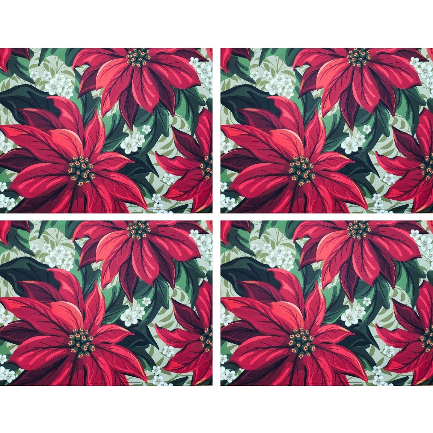 Set of 4 Placemats Bright Red Christmas Flower Cloth Waterproof 17" by 13" - Red