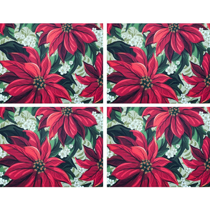 Set of 4 Placemats Bright Red Christmas Flower Cloth Waterproof 17" by 13" - Red