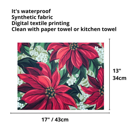 Set of 4 Placemats Bright Red Christmas Flower Cloth Waterproof 17" by 13" - Red