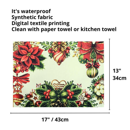 Set of 4 Placemats Christmas Party Wreath Cloth Waterproof 17" by 13" - Grey