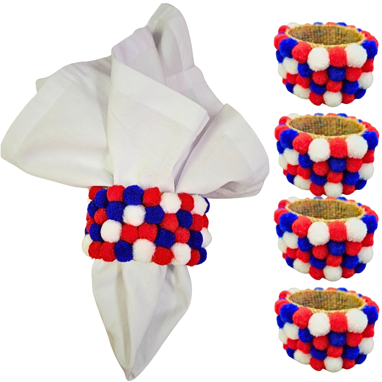 Charlo's Patriot 4th July Pom Pom Napkin Rings for Patriotic Holidays, Dinner Table Decor