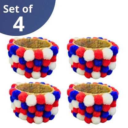 Charlo's Patriot 4th July Pom Pom Napkin Rings for Patriotic Holidays, Dinner Table Decor