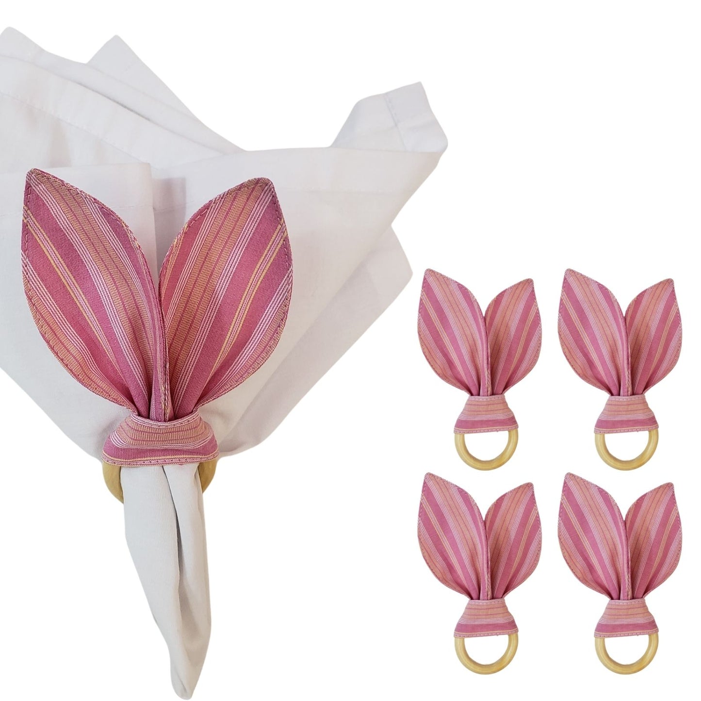 Maison Charlo | Easter Set of 4 Pink Stripe Bunny Ears Napkin Rings | Dining Table Decor